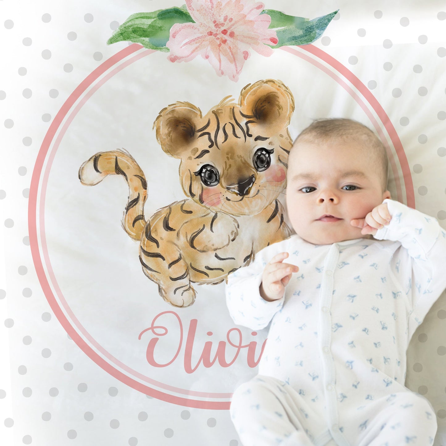 Personalized Tiger Flowers Baby Name Blanket Girl