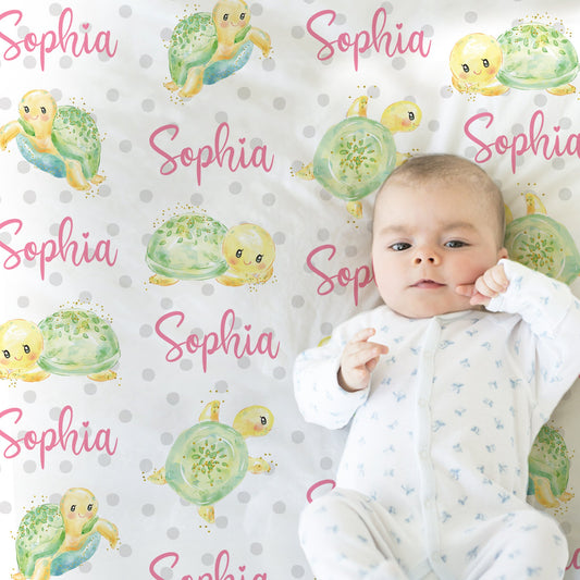 Personalized Turtle Baby Name Blanket Girl