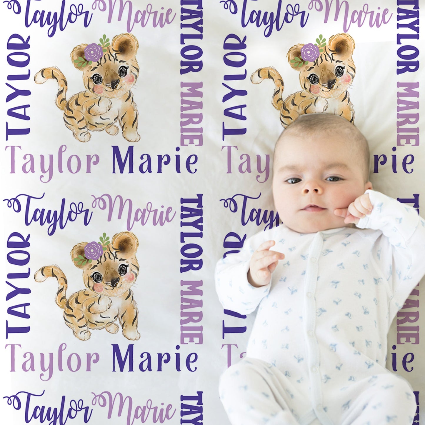 Personalized Cute Tiger Baby Name Blanket Girl Purple