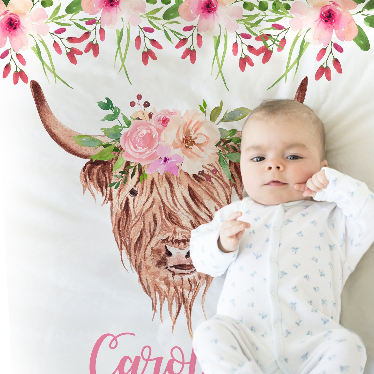 Highland cow baby name blanket, cow swaddle blanket with flowers, personalized girl floral farm gift, newborn flower highland cow gift