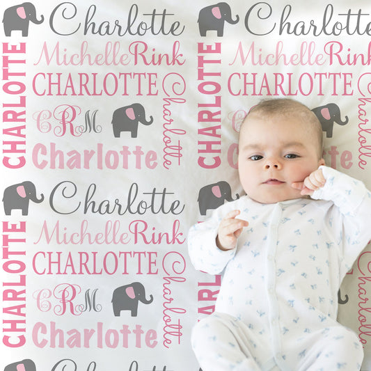 Personalized Elephant Baby Name Blanket Girl