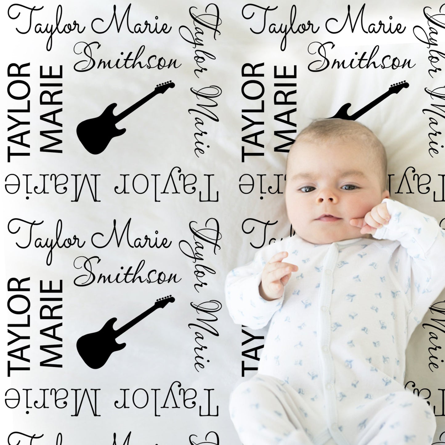 Electric guitar baby blanket, personalized guitar name blanket, boy or girl newborn music baby gift, swaddle blanket with black guitars