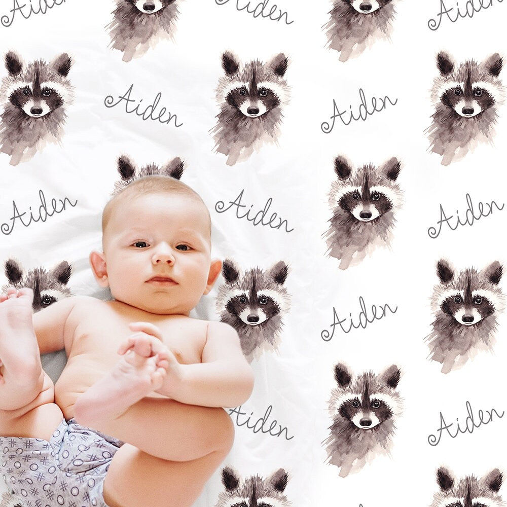 Personalized Raccoon baby name blanket