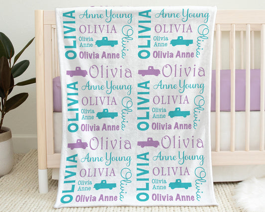 Personalized Vintage Truck Baby Name Blanket Girl