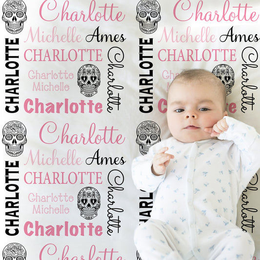 Personalized Sugar Skull Baby Name Blanket Girl