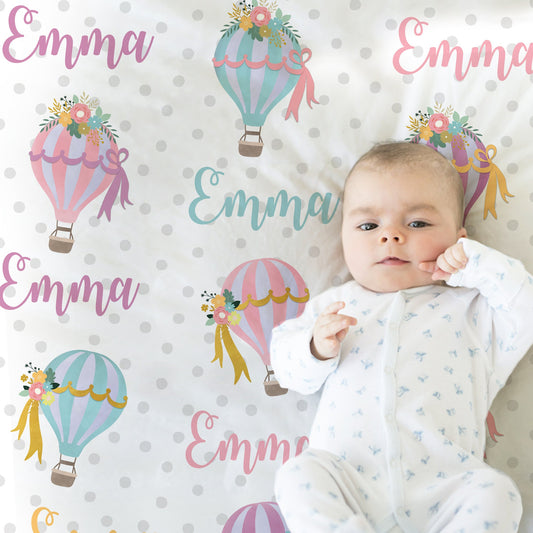 Personalized Hot Air Balloon and Flowers Baby Name Blanket Girl