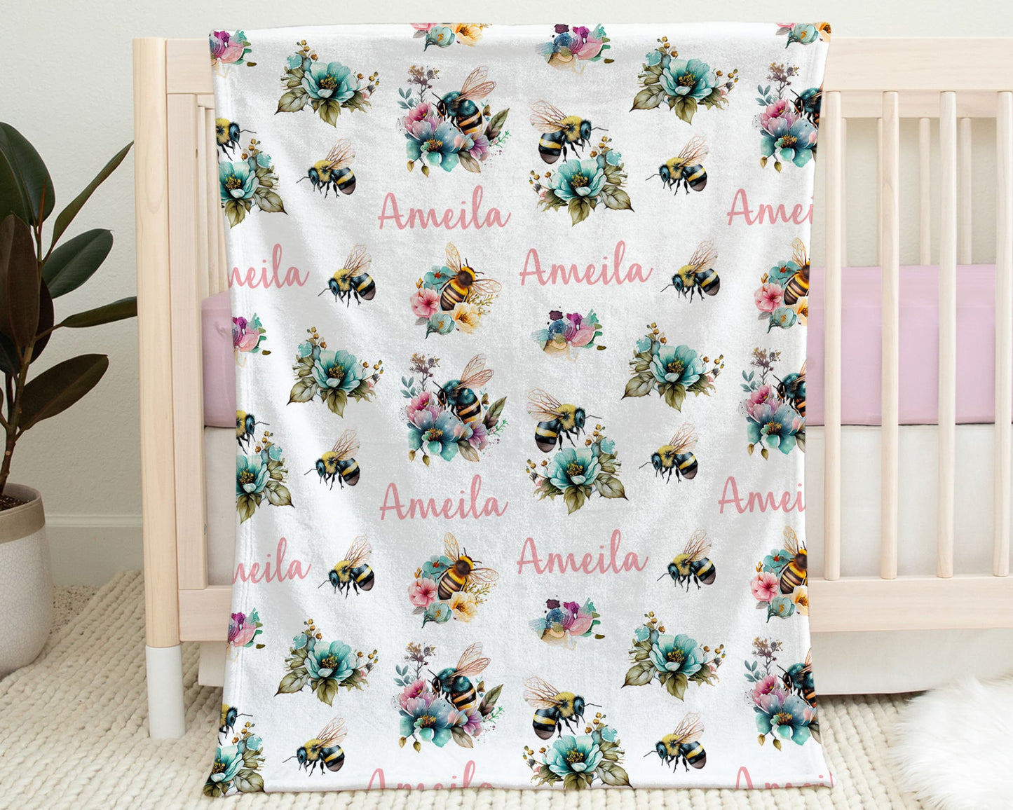 Baby girl bee blanket, personalized floral bee pink name blanket, watercolor floral spring bee swaddle, newborn girls bumble bee baby gift