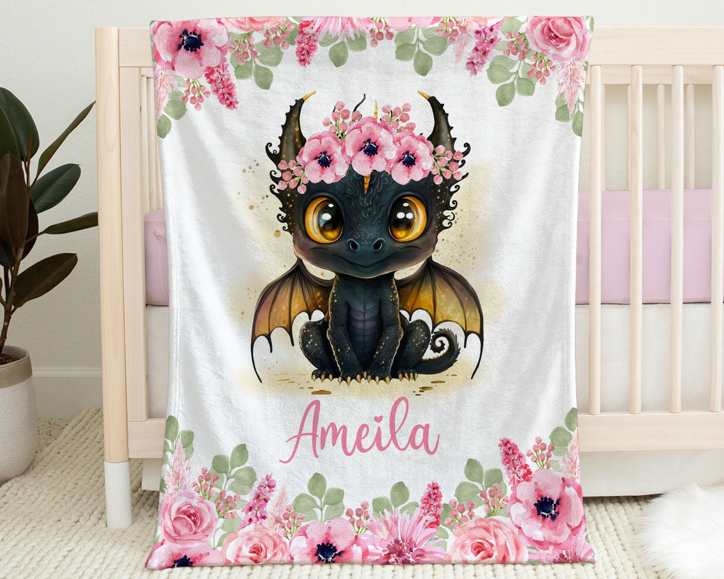 Personalized Dragon Pink Flowers Baby Name Blanket Girl