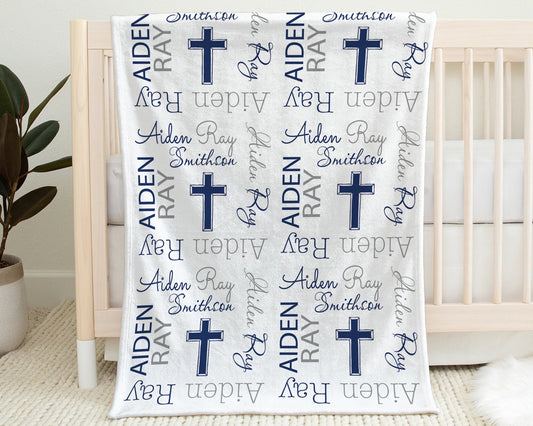 Personalized Baptism Crosses Baby Name Blanket Boy