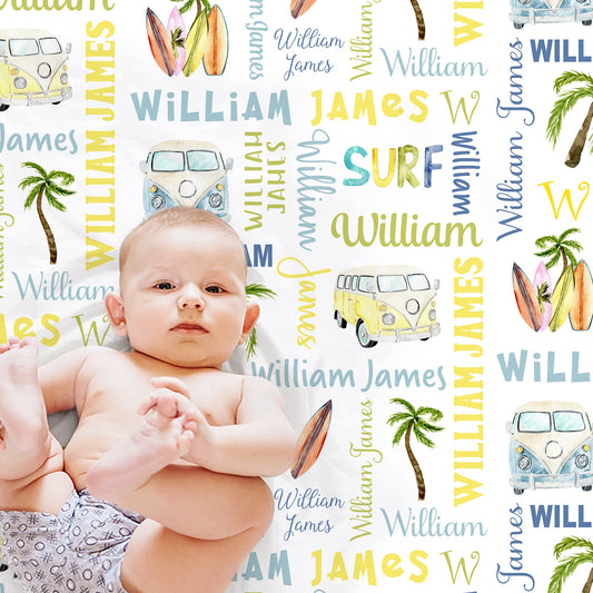 Personalized Surfer Boy baby name blanket