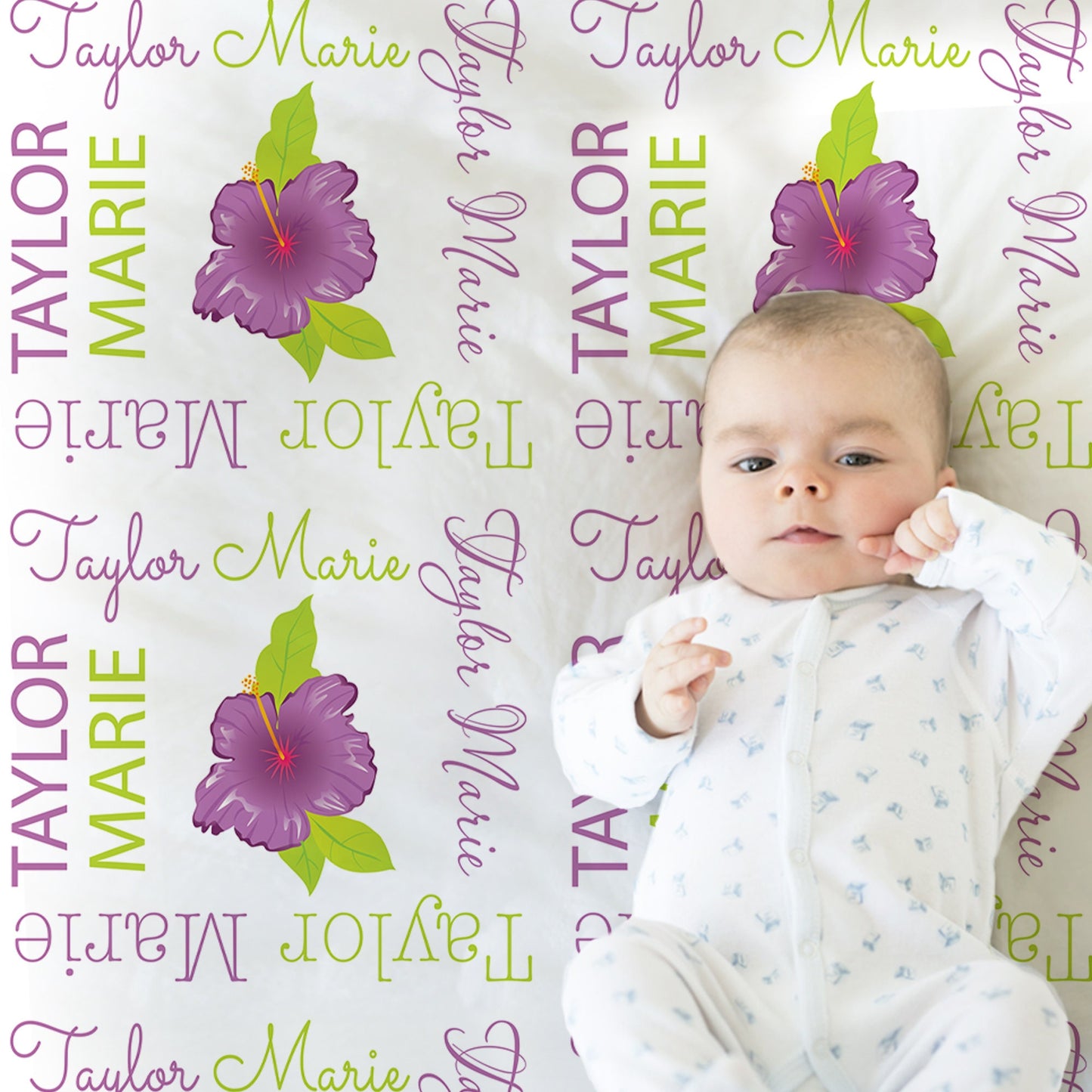 Personalized Hawaiian Hibiscus Baby Name Blanket Girl