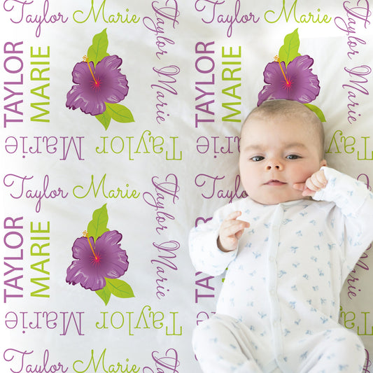 Personalized Hawaiian Hibiscus Baby Name Blanket Girl