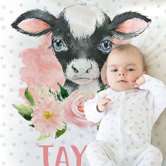 Personalized Cow Baby Name Blanket Girl