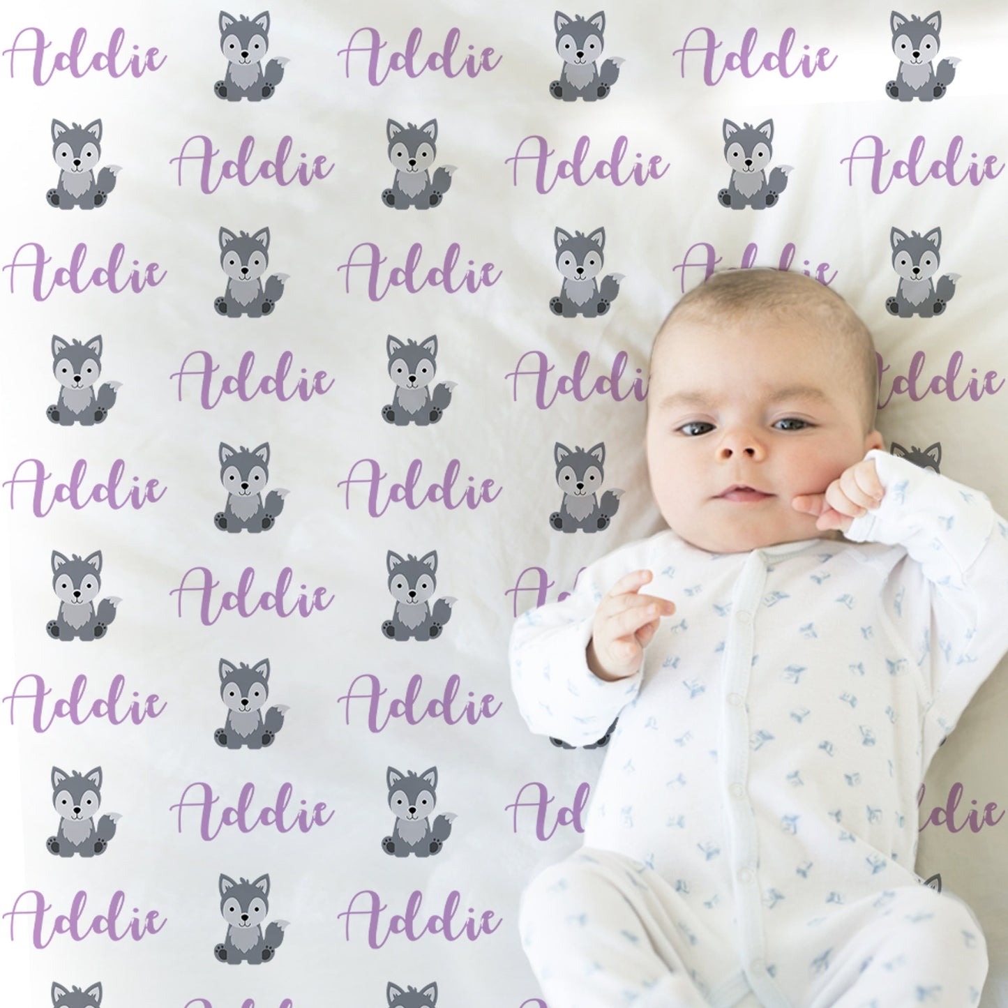 Baby girl wolf name blanket, personalized wolf baby blanket, newborn wolf theme baby gift, boy or girls wolf swaddle blanket, purple wolves