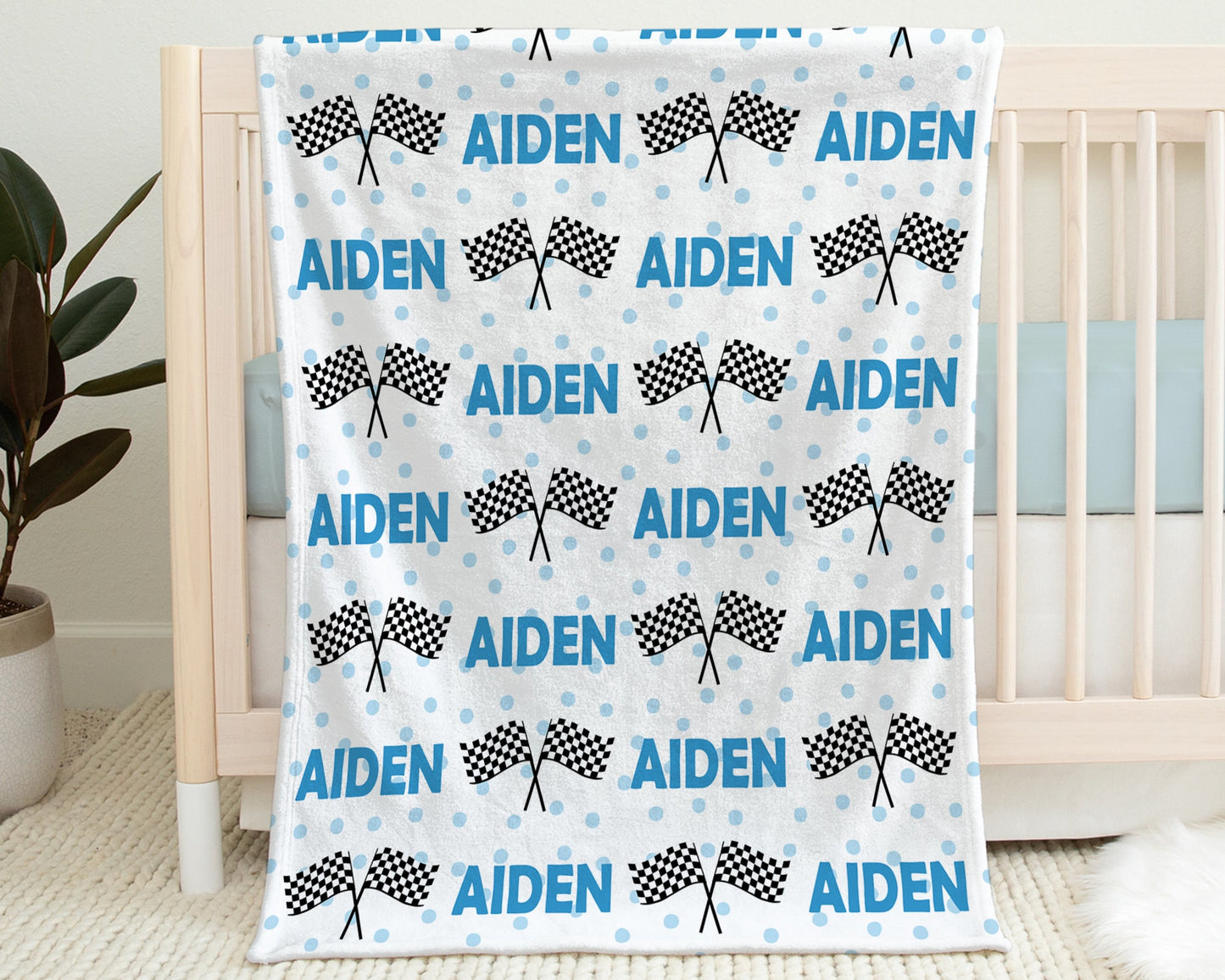 Personalized Racing Flag baby name blanket | Checkered Flag Blue Font