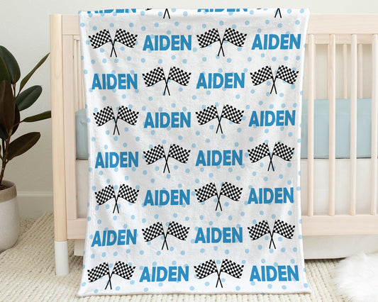 Personalized Racing Flag baby name blanket | Checkered Flag Blue Font