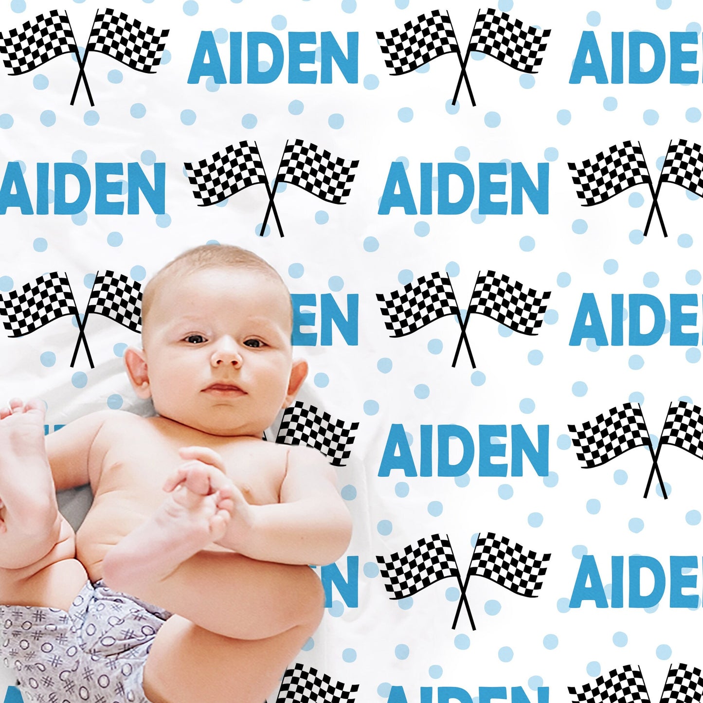 Personalized Racing Flag baby name blanket | Checkered Flag Blue Font