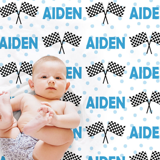 Personalized Racing Flag baby name blanket | Checkered Flag Blue Font