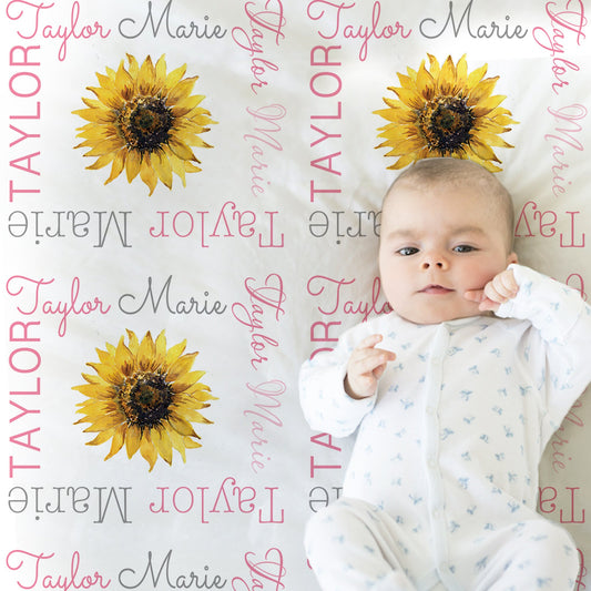 Personalized Sunflowers Baby Name Blanket Girl Pink