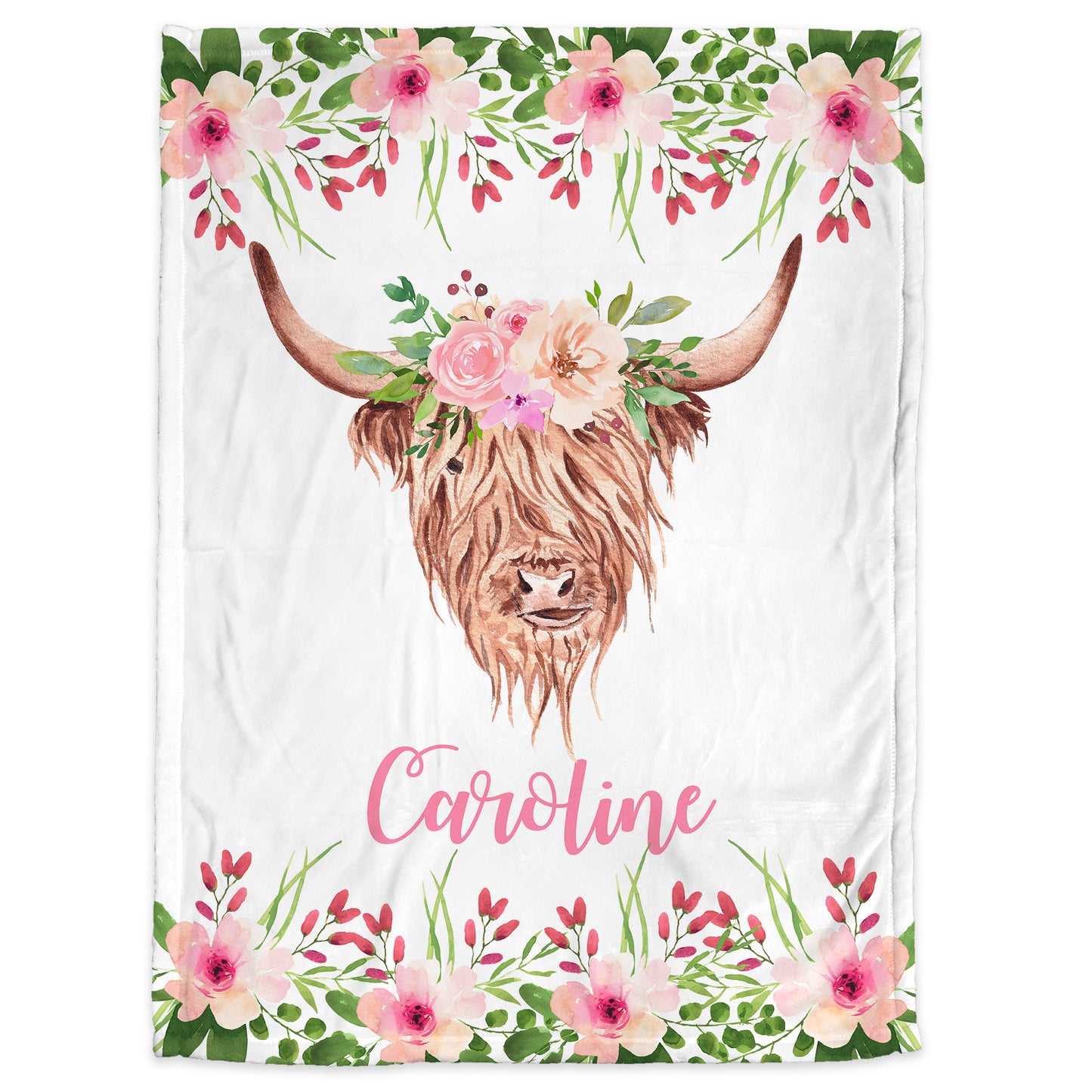 Highland cow baby name blanket, cow swaddle blanket with flowers, personalized girl floral farm gift, newborn flower highland cow gift