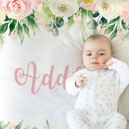 Personalized Flowers Baby Name Blanket Girl