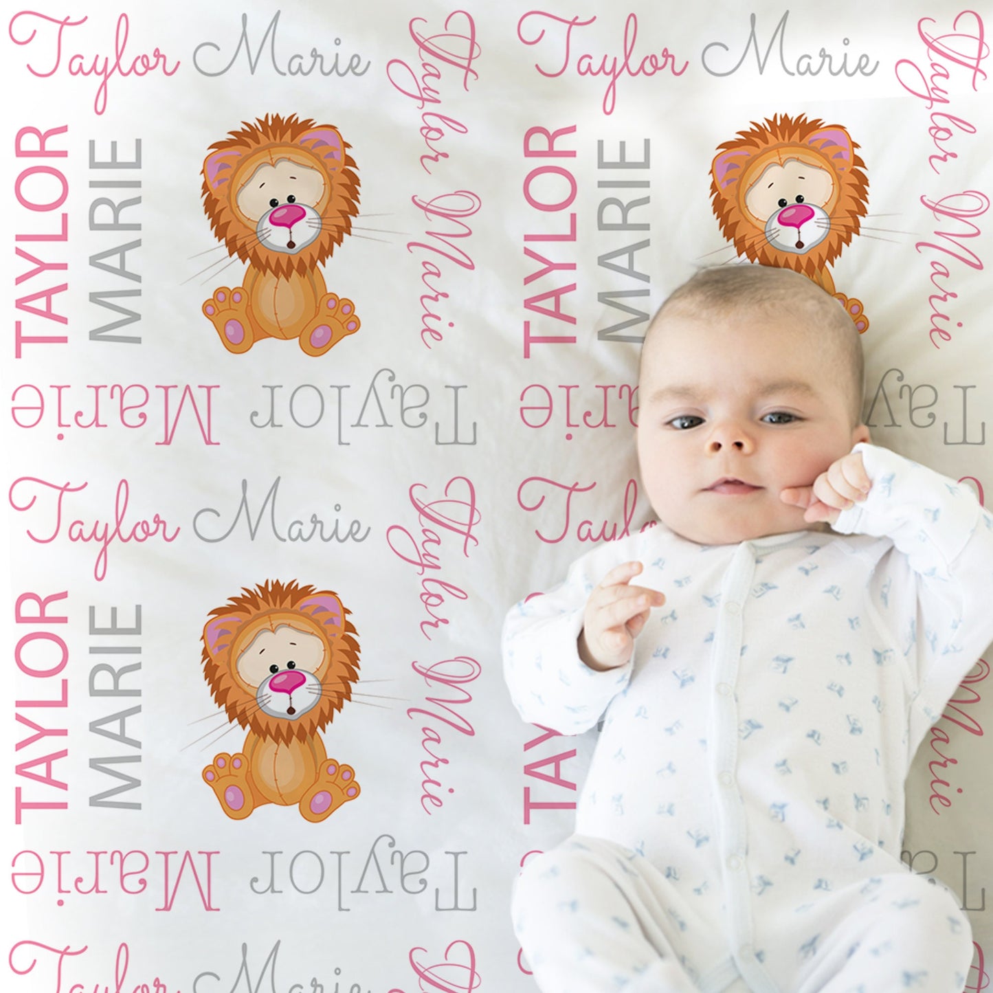 Personalized Cute Lion Safari Animal Baby Name Blanket Girl