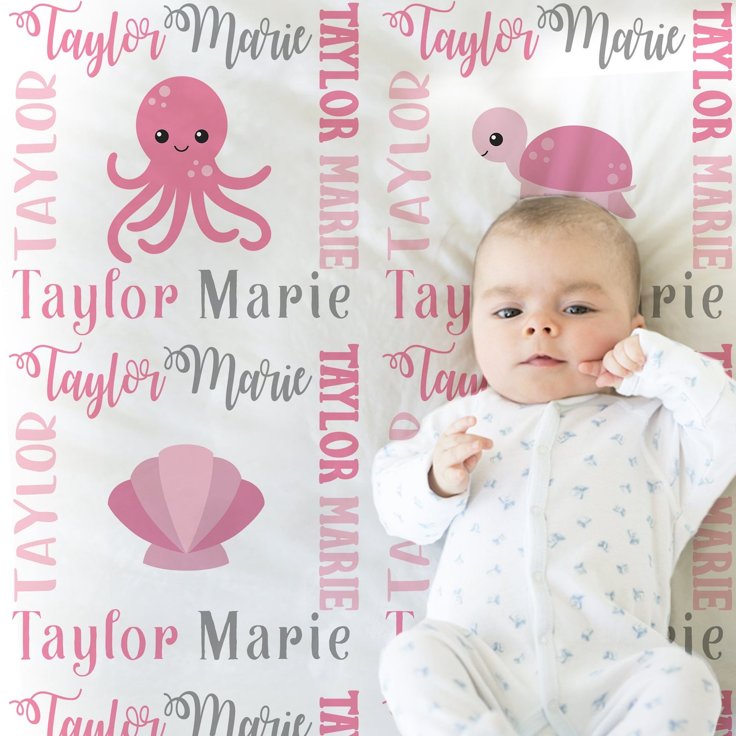 Personalized Ocean Animals Under the Sea Baby Name Blanket Girl