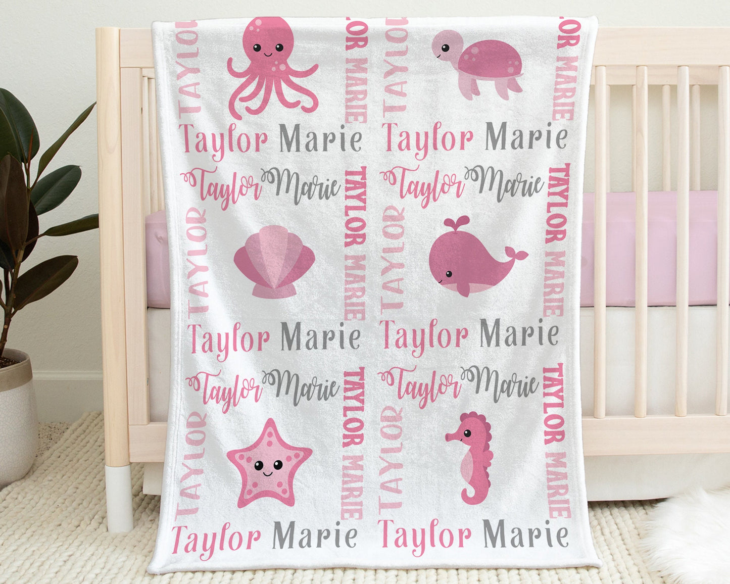 Personalized Ocean Animals Under the Sea Baby Name Blanket Girl