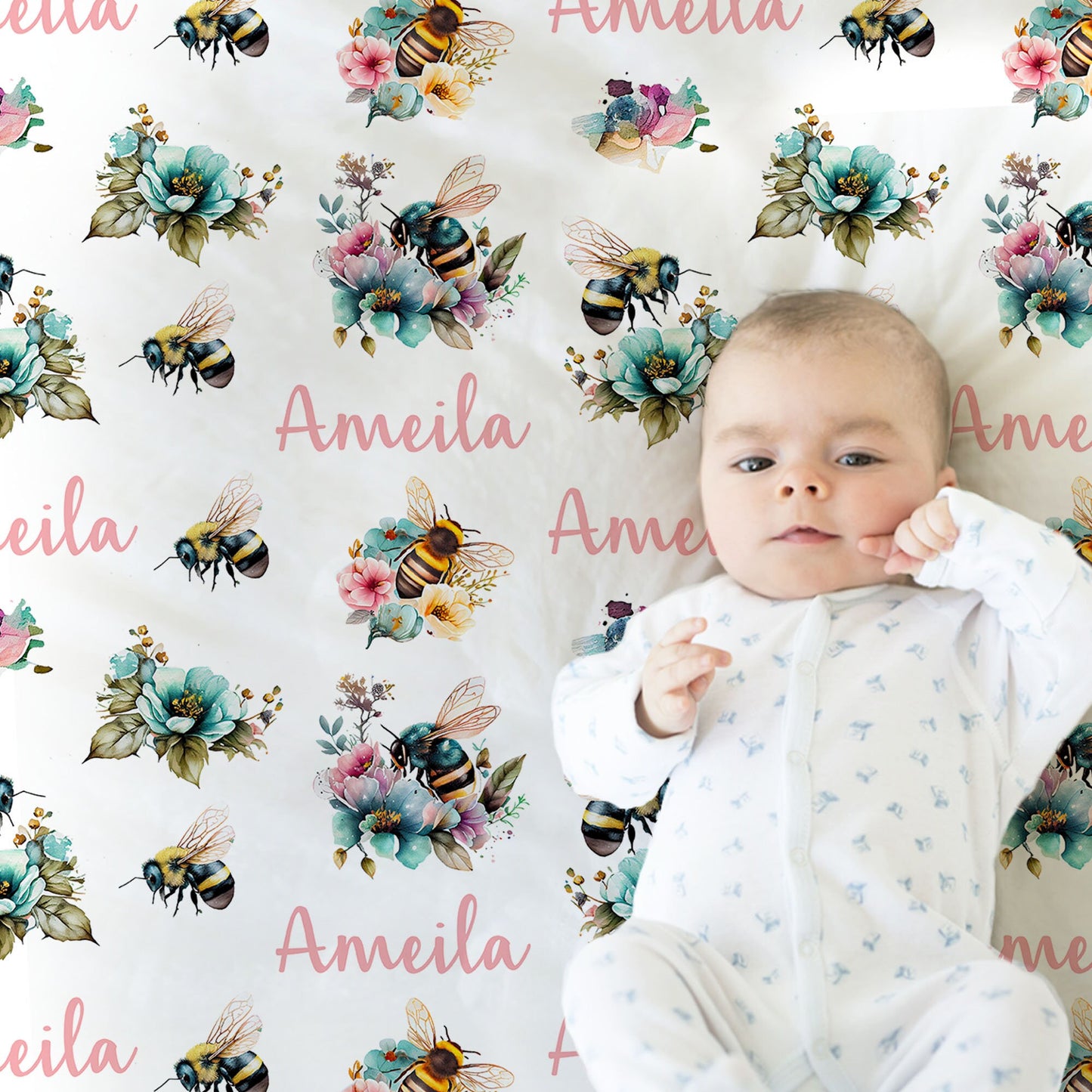 Personalized Bee Baby Name Blanket Girl