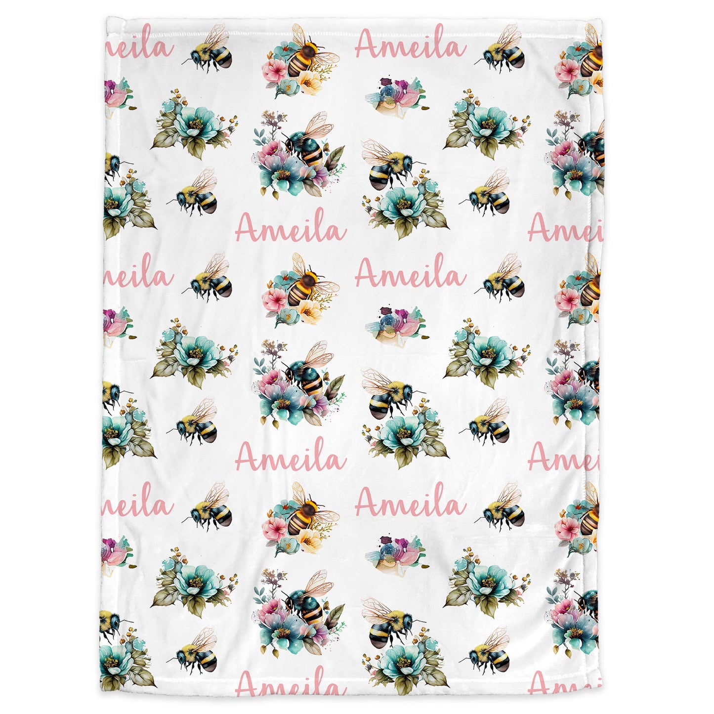 Baby girl bee blanket, personalized floral bee pink name blanket, watercolor floral spring bee swaddle, newborn girls bumble bee baby gift