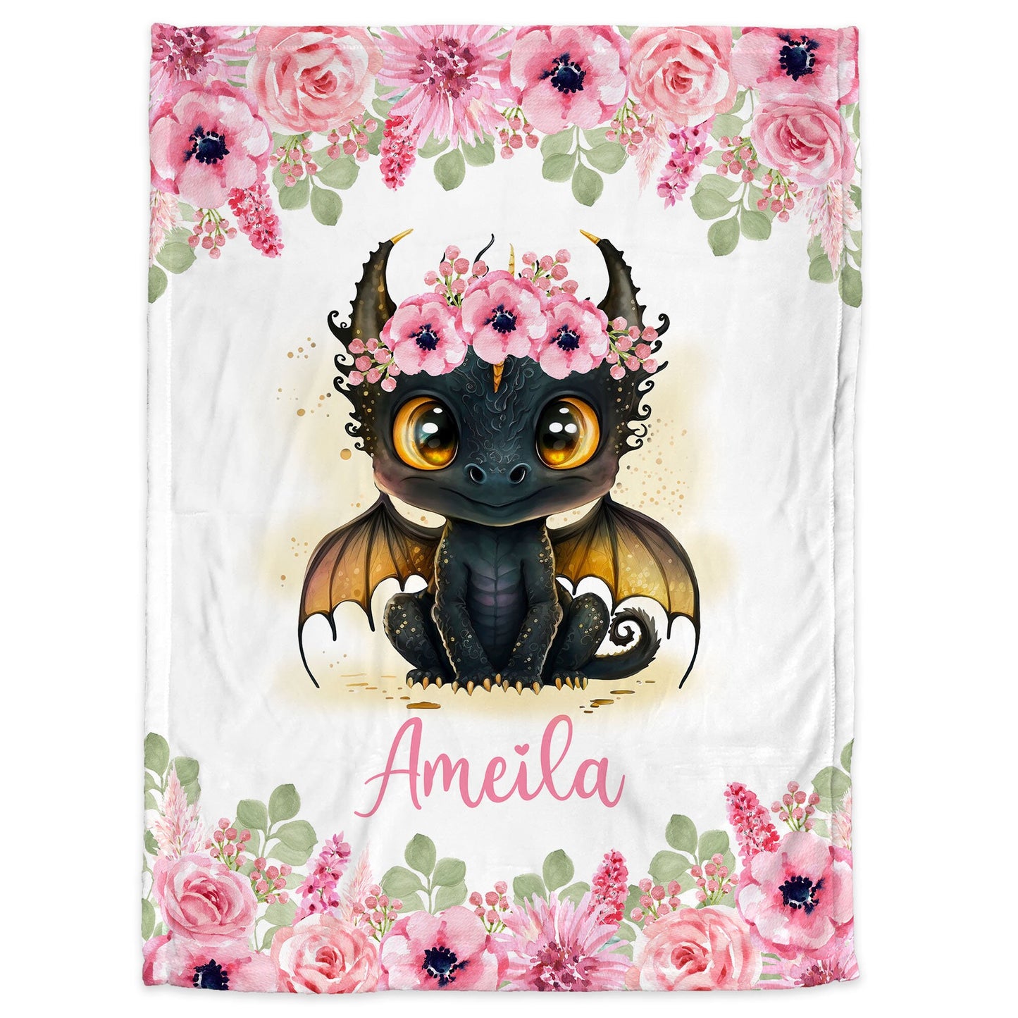 Personalized Dragon Pink Flowers Baby Name Blanket Girl