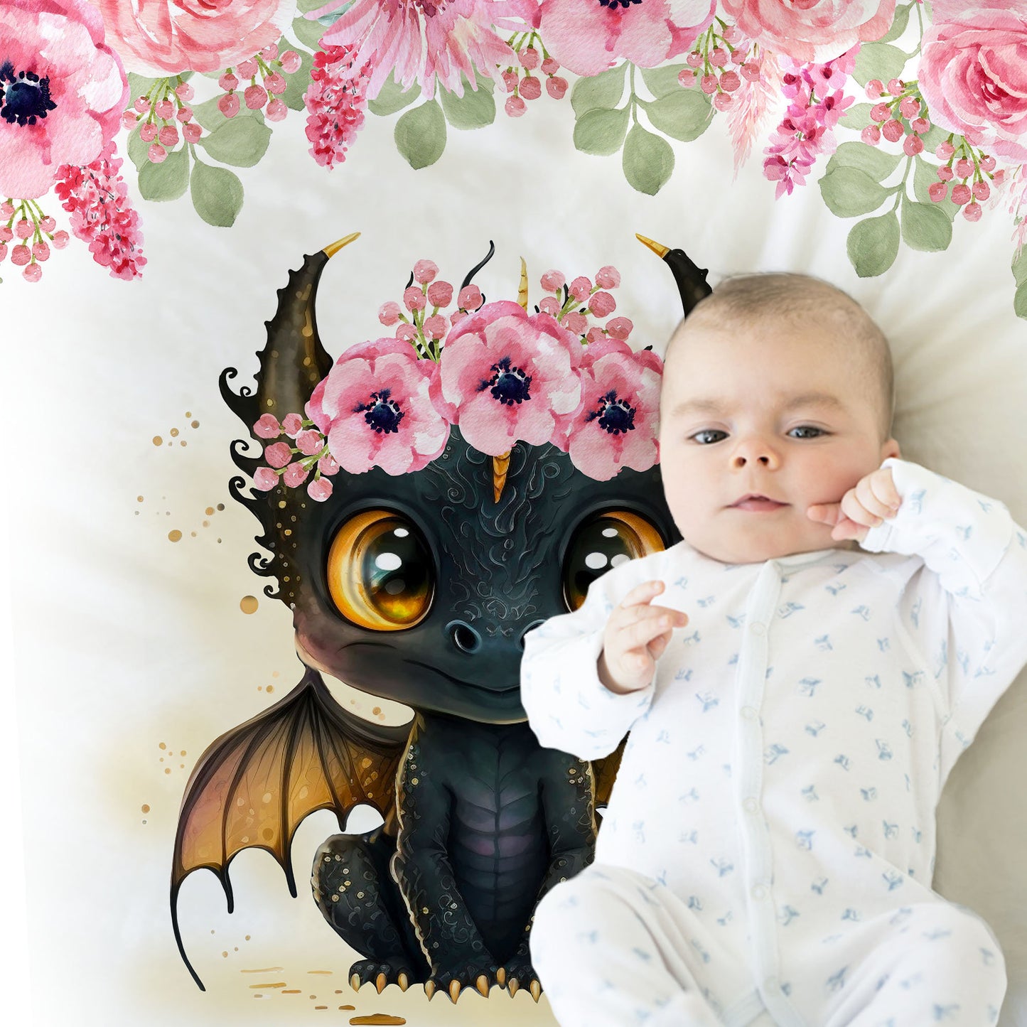 Personalized Dragon Pink Flowers Baby Name Blanket Girl