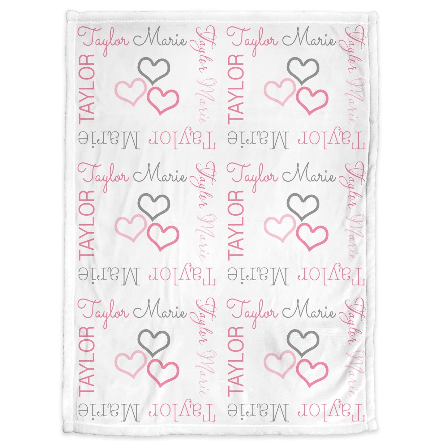 Hearts baby girl blanket, personalized swaddle blanket with hearts, pink and gray sweetheart blanket, newborn baby heart gift with name