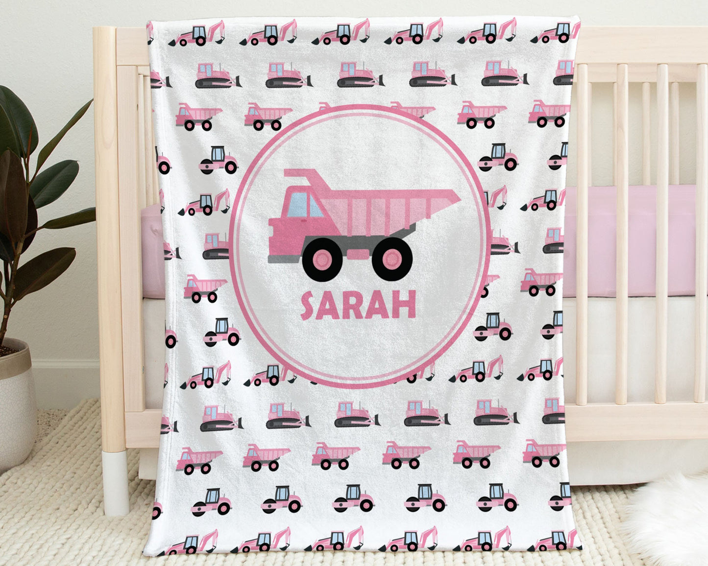 Pink construction trucks baby blanket, baby girl dump truck swaddle blanket, construction personalized swaddle blanket, construction gift