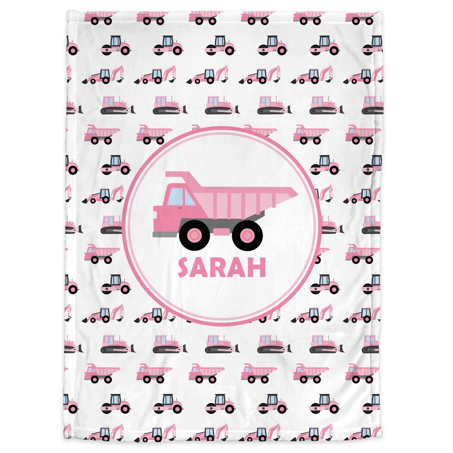 Pink construction trucks baby blanket, baby girl dump truck swaddle blanket, construction personalized swaddle blanket, construction gift