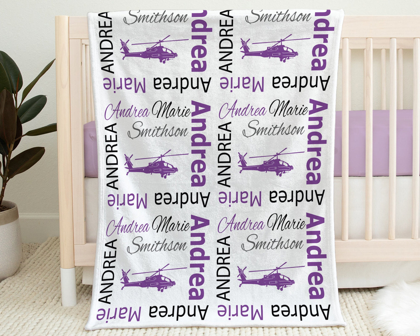 Personalized Helicopter Purple Baby Name Blanket Girl
