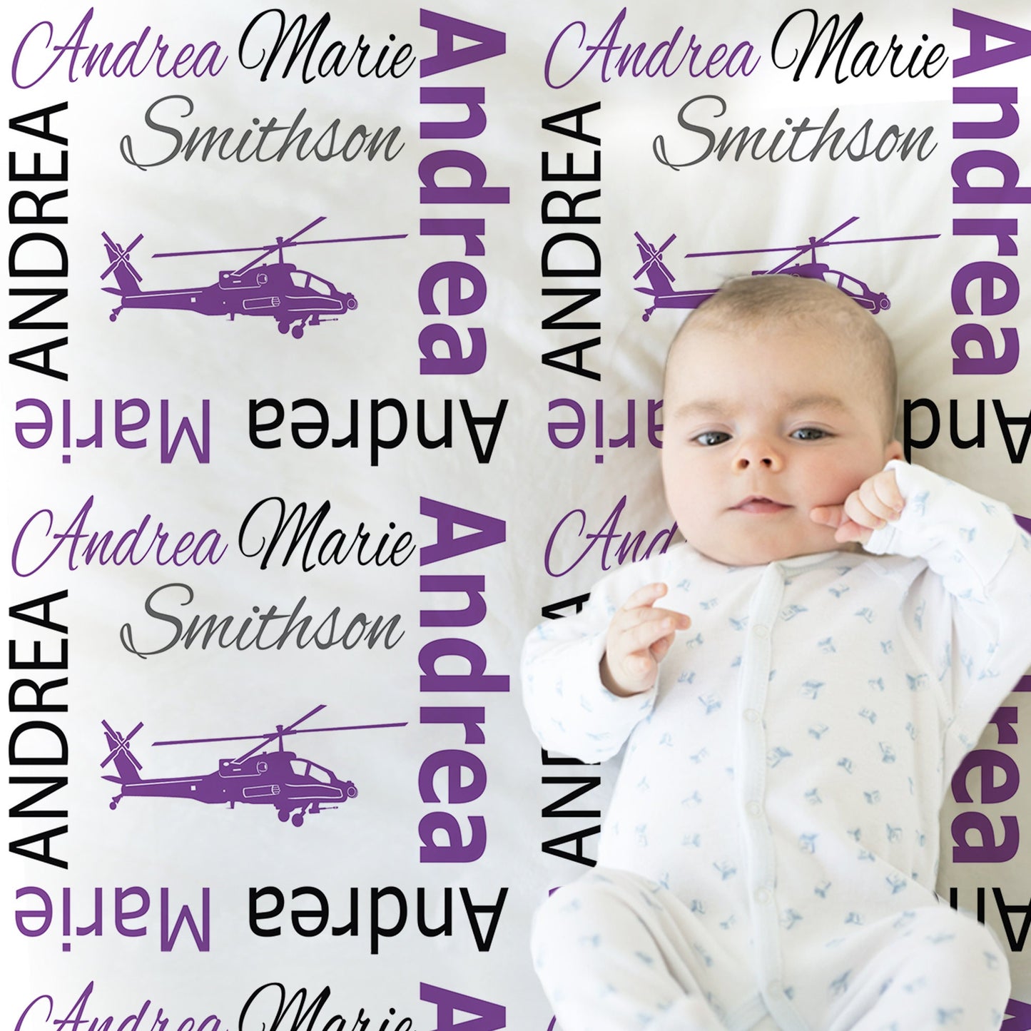 Personalized Helicopter Purple Baby Name Blanket Girl
