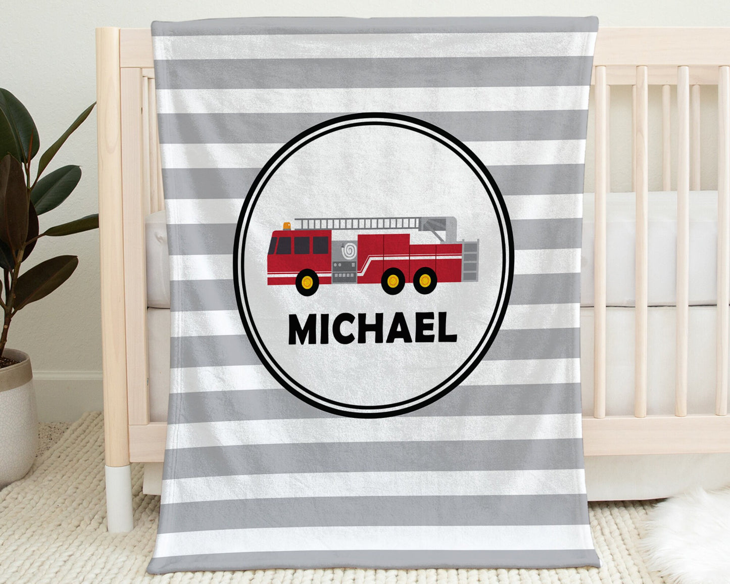 Personalized Firetruck Circle baby name blanket