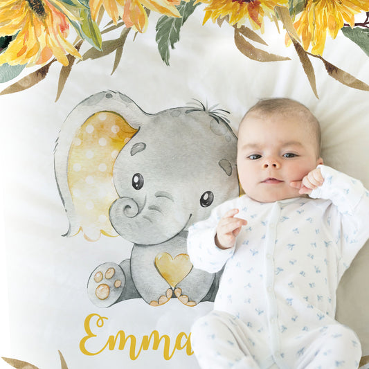 Personalized Sunflower Elephants Baby Name Blanket Girl
