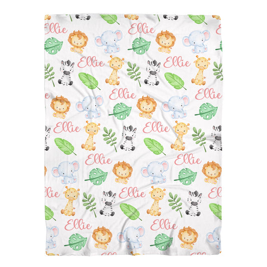 Personalized Jersey Safari Jungle Animals Girls Swaddle Baby Name Blanket