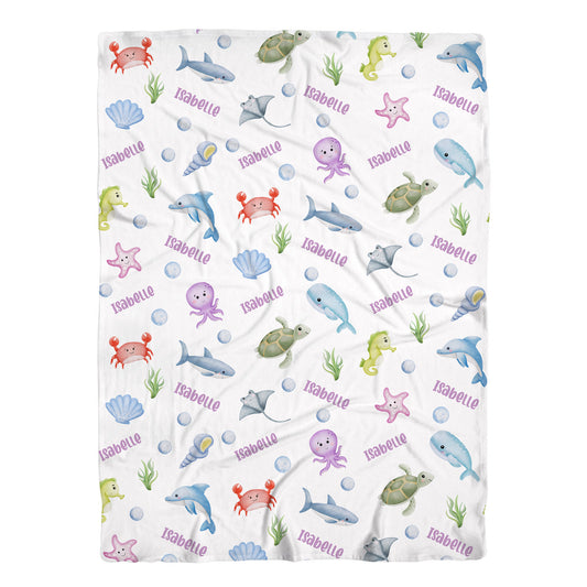 Personalized Jersey Ocean Animals Swaddle Baby Blanket, O1