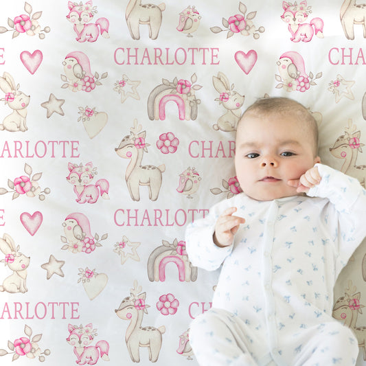 Personalized Boho Forest Animals Baby Name Blanket Girl