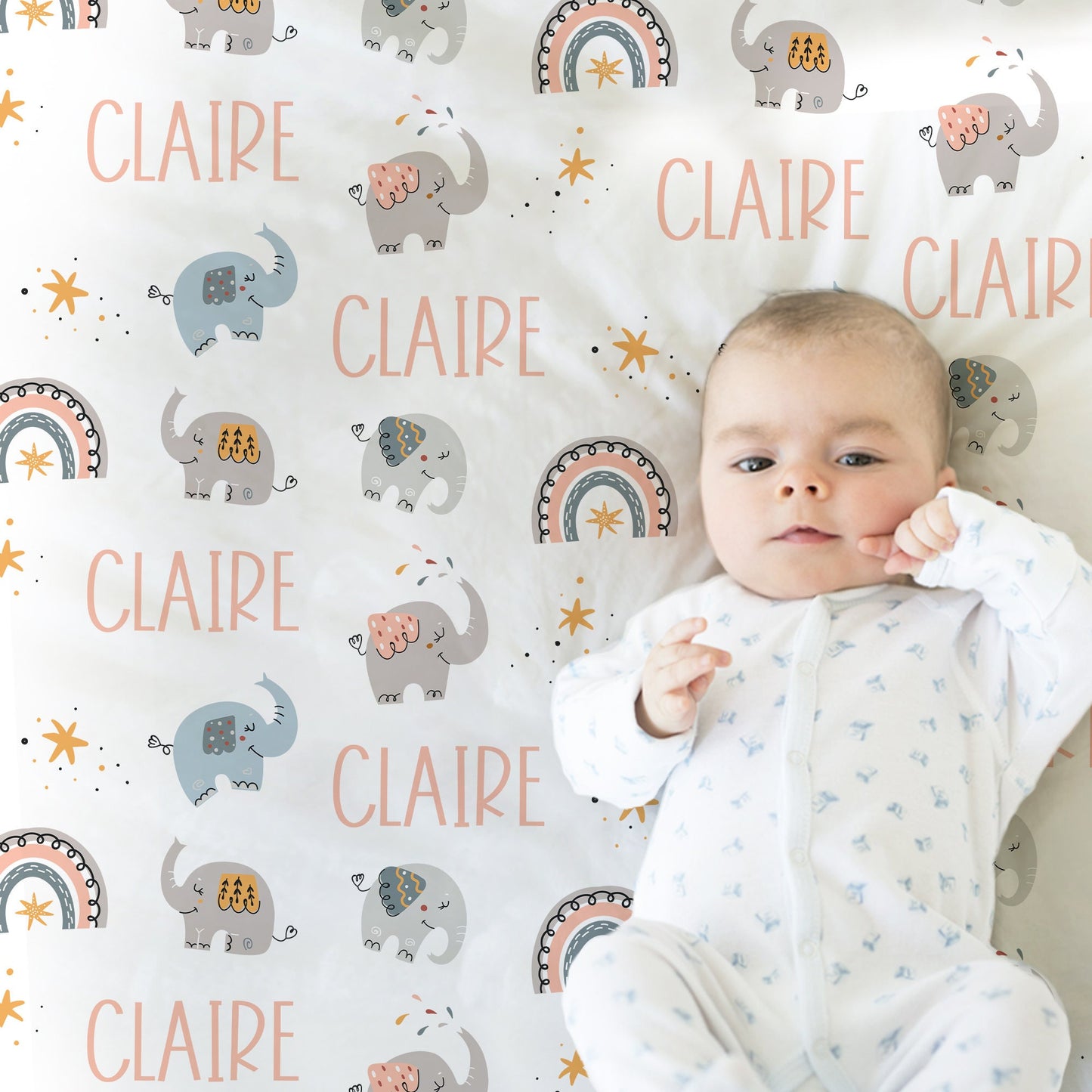 Personalized Boho Elephant Rainbow Baby Name Blanket Girl