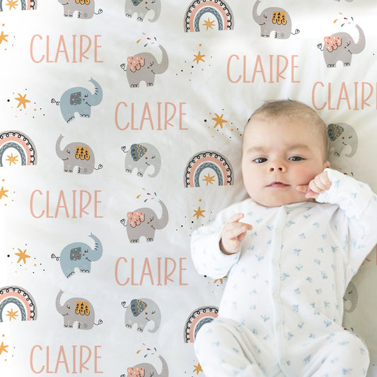 Personalized Boho Elephant Rainbow Baby Name Blanket Girl