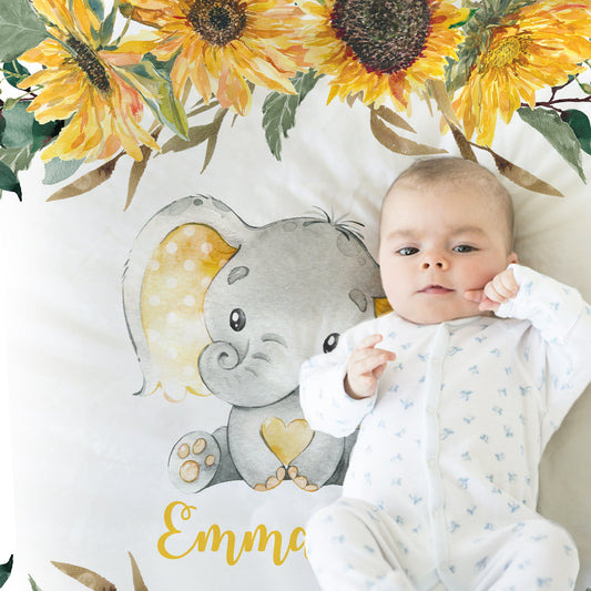 Personalized Elephant sunflowers Baby Name Blanket Girl