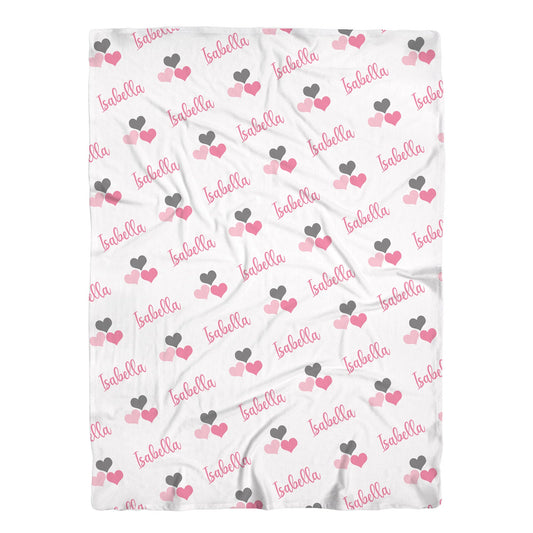 Personalized Hearts Pink Baby Blanket | Pink and Gray