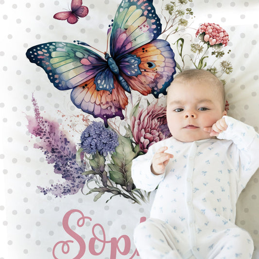 Personalized Butterfly Flowers Baby Name Blanket Girl