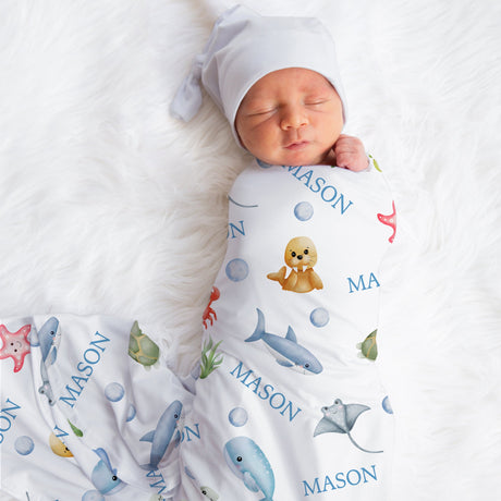 Ocean animals swaddle blanket, boy jersey, personalized baby newborn name blanket