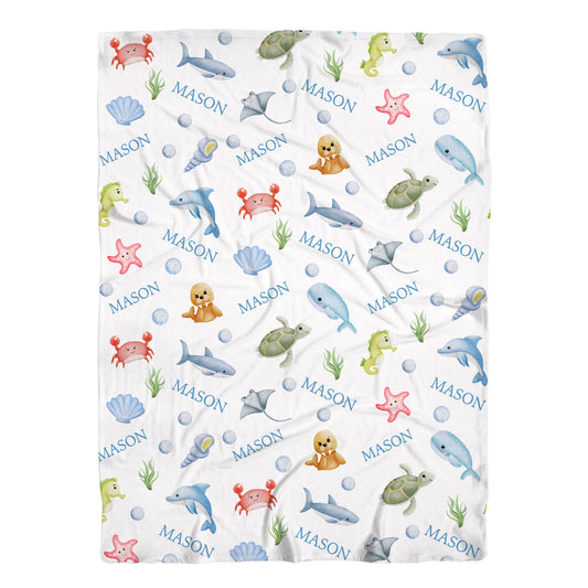 Personalized Jersey Ocean Animals Girls Swaddle Baby Name Blanket, O2