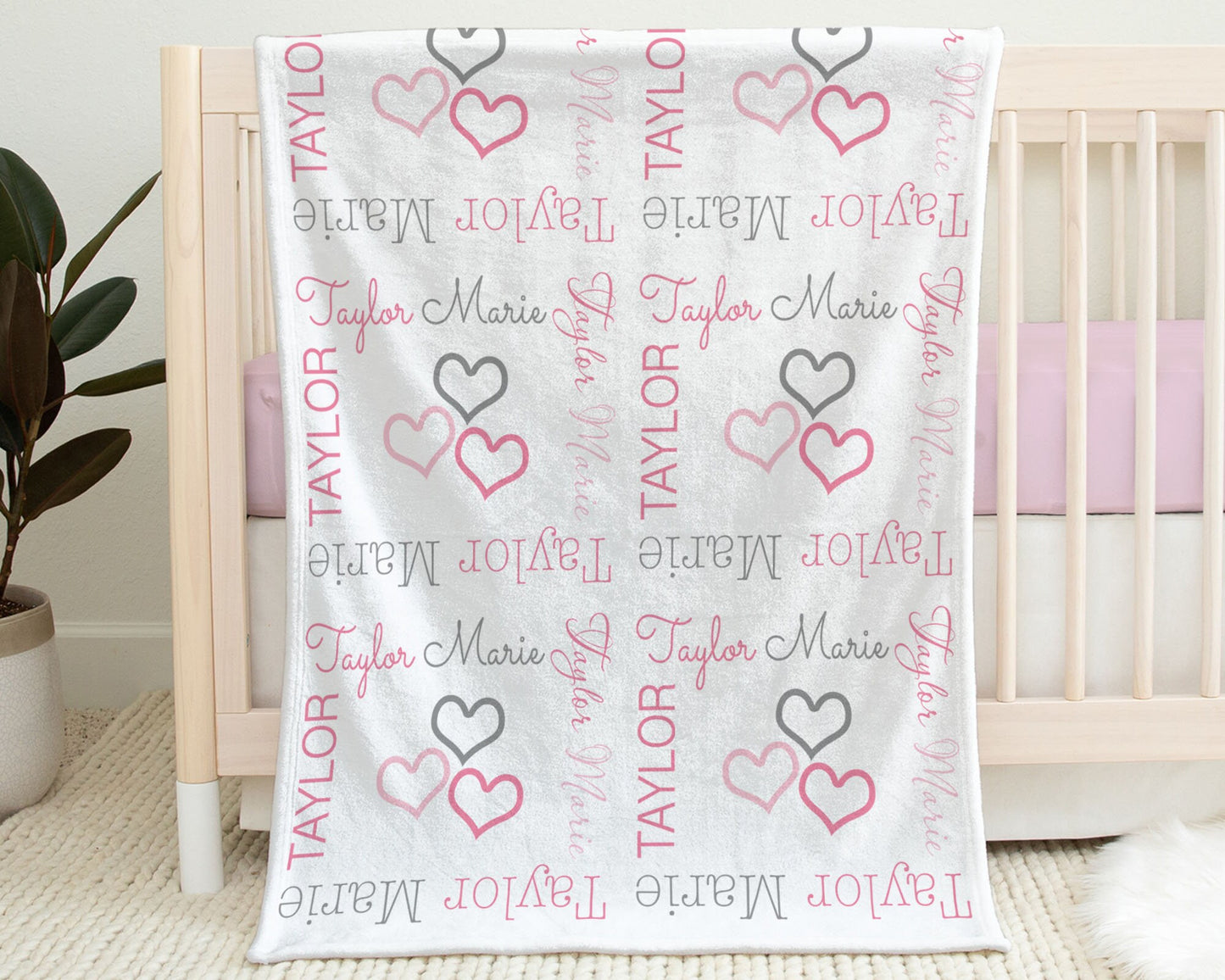 Hearts baby girl blanket, personalized swaddle blanket with hearts, pink and gray sweetheart blanket, newborn baby heart gift with name
